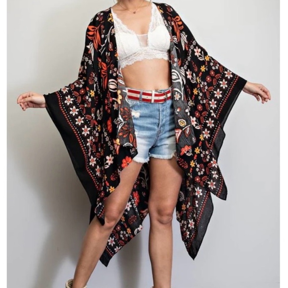 Easel NWT M scarlet red black floral 100% rayon asymmetrical Kimono Cardigan